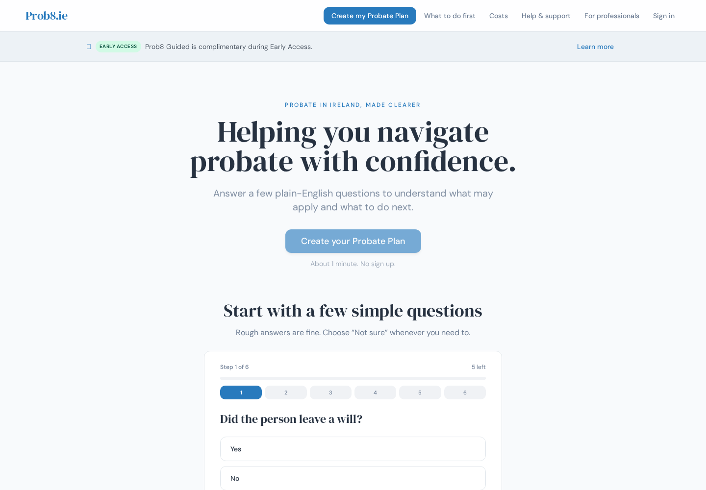 Prob8.ie desktop homepage showing calm probate guidance and the opening Probate Plan question