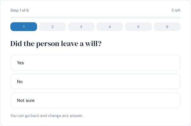 The six-step Prob8 Probate Plan questionnaire showing a single plain-English question